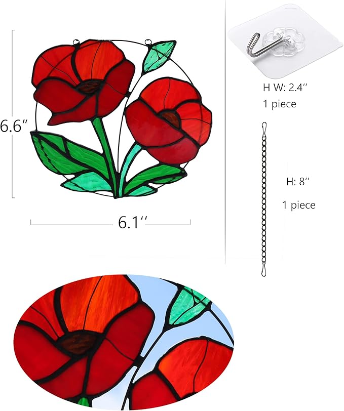 Red Flowers Stained Glass Window Hanging,Artificial Poppy Flower Suncatcher Wall Art Decor,Red Poppy Modern Artwork Hanging Decorations for Bedroom Living Room,Memorial Gift