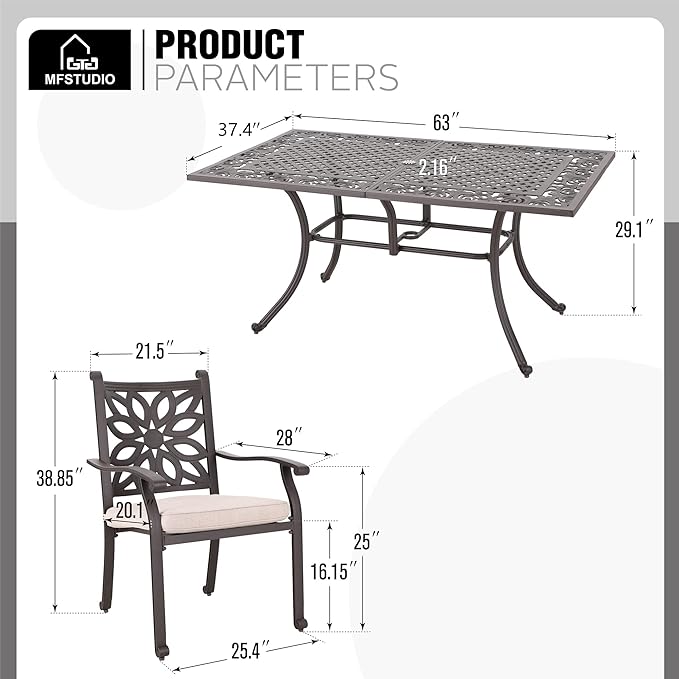 MFSTUDIO Cast Aluminum Patio Dining Set, Retro Design Outdoor Table and Chairs Set with 6×Extra Wide Dining Chair and 1×63" Rectangular Patio Table, Outdoor Dining Set of 6