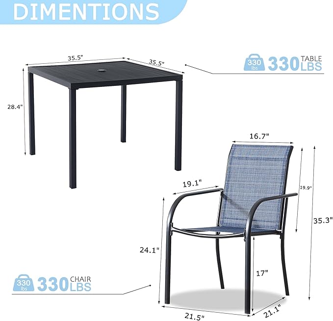 5 Pieces Round Dining Table Set for 4, Patio Dining Set Includes 4 Blue Stackable Patio Chairs and 1 Black Square Table, Patio Furniture Sets with Sling Support for Outside, Garden