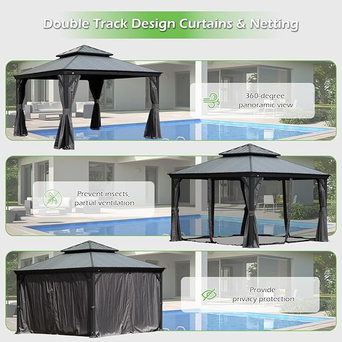 Domi 12’x12’ Hardtop Gazebo with Gutters, Outdoor Patio Gazebo Canopy with Resin & Metal Roof, Heavy Duty Permanent Pavilion for Backyard, Deck, Hot Tub, Curtains and Mosquito Netting Included