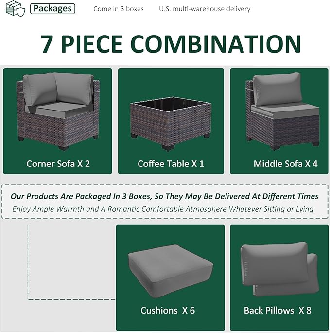 Outdoor Patio Furniture Set, 7 Pcs Outdoor Furniture All Weather Patio Sectional Sofa PE Wicker Modular Conversation Sets with Coffee Table,6 Chairs & Seat Clips Grey