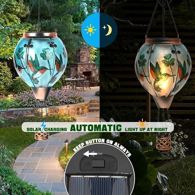 Hot Air Balloon Solar Lantern - Hummingbird Glass Lantern, Simulated Flickering & Dancing Flame, Outdoor Hanging Shamrock Yard Light Waterproof IP65 for Patio Lawn Porch Decor Irish Gift