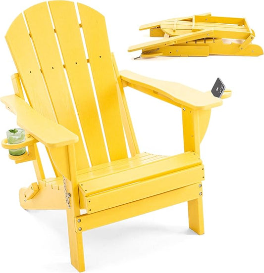 Folding Adirondack Chair, HDPE Outdoor Texture Lawn Chair with Reclining Back, Cup and Phone Holder - Comfortable Firepit Chair Weather Resistant for Patio or Backyard (Yellow, Set of 1)
