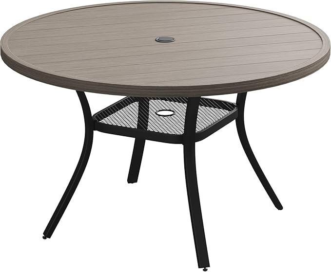 VICLLAX Outdoor Patio Round Dining Table, 47"x 47" Metal Slatted Round Tabletop with Adjustable Umbrella Hole for Deck Lawn Garden Backyard, Antique Grey
