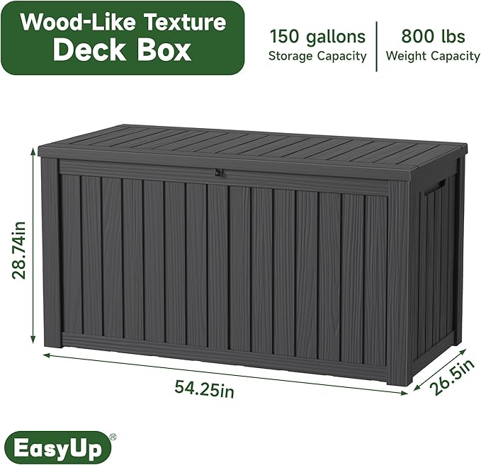 EasyUp 150 Gallon Outdoor Storage Box Waterproof, UV Resistant Resin Deck Box with Hydraulic Rod, Reinforced Stability for Patio, Garden, and Pool, Striped Black