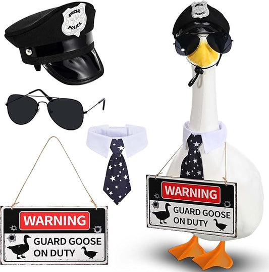 Police Goose Outfits 23” Cement Porch Goose Police Hat Eyeglasses Tie Wooden Warning for Yard and Patio Decoration (Police)
