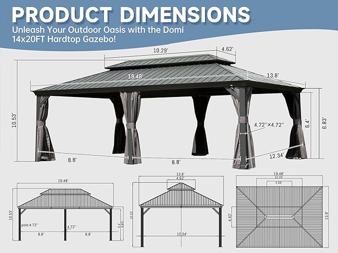 Domi 14' X 20' Hardtop Gazebo Outdoor Metal Gazebo Canopy with Galvanized Steel Double Roof, Aluminum Frame, Curtains and Netting for Patio, Deck, Garden, Grey