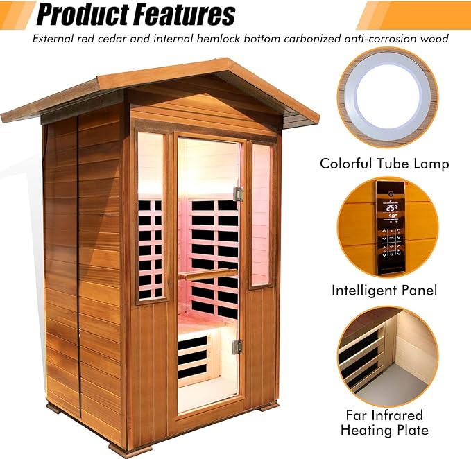 2 Person Outdoor Sauna Infrared Saunas Dry Sauna Room Red Cedar and Canadian Hemlock Wood Wooden Sauna Spa 1800W APP Control 7 Color Light 48.8 * 37 * 87.4inch