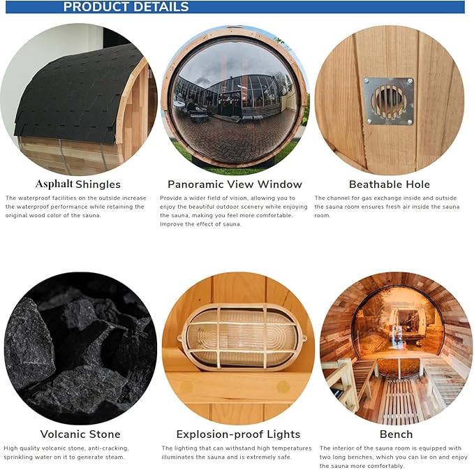 ZONEMEL Outdoor Barrel Steam Sauna with Panoramic View, Canadian Hemlock Wood Sauna for 4-6 Person, 6KW Heater, Rocks, 8mm Tempered Glass, Waterproof System, 220V