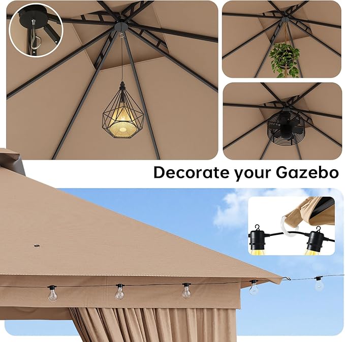 Outdoor Gazebo Metal Frame Patio Pergola Double Roofs Patio Canopy with Double-Layer Door and Mosquito Netting for Deck, Backyard, Lawn (Beige, 10x10FT)