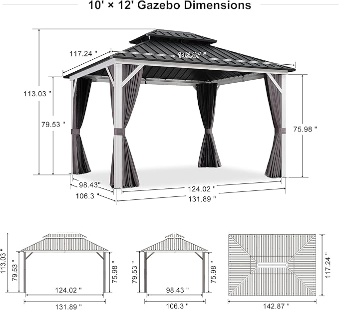 PURPLE LEAF 10' X 12' Hardtop Gazebo,White Aluminum Gazebo with Curtains and Netting,Galvanized Steel Gazebos with Double Roof,for Paito and Backyard