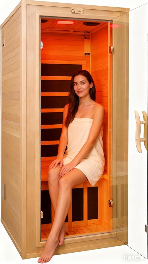 Infrared Sauna Indoor, 1 Person Hemlock Wooden Home Sauna, Dry Sauna for Home Spa Room 1350W, Time Temp Pre-Set Sauna Room, w/7 Heating Panels Mini Personal Far Infrared Saunas for Home