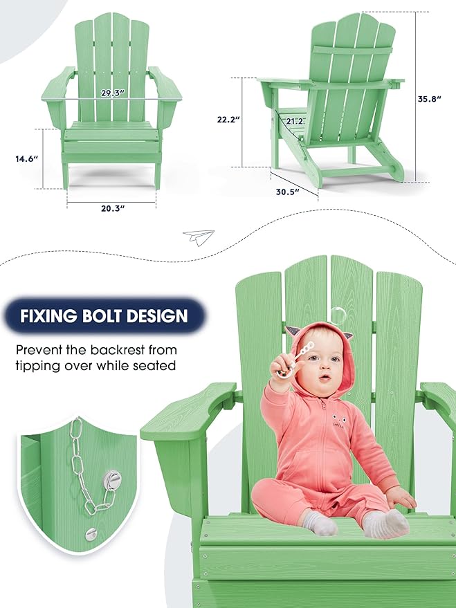KINGYES Folding Adirondack Chair Set of 2, HDPE All-Weather Folding Adirondack Chair, Light Green