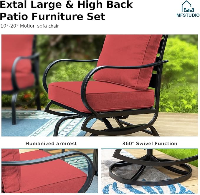 MFSTUDIO 6 Pieces Patio Furniture Sets with 45" Gas Fire Pit Table(Up to 7 Seat),Outdoor Metal Frame Patio Conversation Sofas with 1 x 3-Seat Sofa, 2 Swivel Chairs and 2 Ottoman, Burgundy Cushion