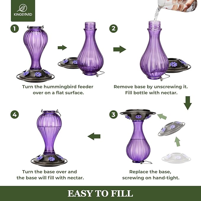 Kingsyard Glass Hummingbird Feeder 24 Ounces, 6 Feeding Ports, Hanging Bird Nectar Feeder for Outdoors Garden Yard Décor, Ant Moat Included, Purple