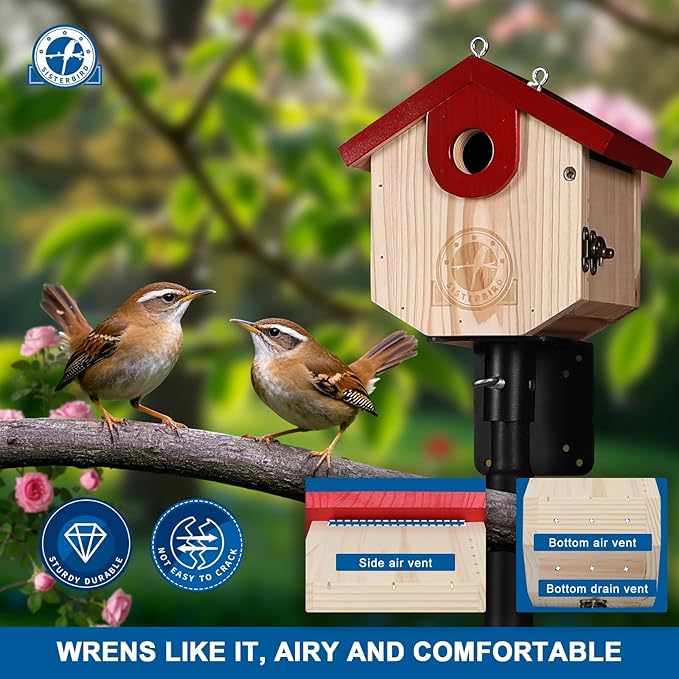 Wren Bird Houses for Outside Cedar Hanging Birdhouses for Outdoors 1-1/8" Entrance Hole Bird Houses for Outside Clearance Wooden Nesting Box Chickadee Predator Guard, Red