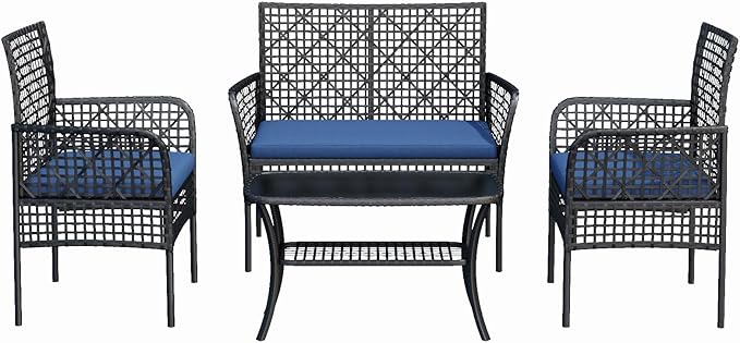 4-Piece Patio Furniture Set, Weather-Resistant Rattan Patio Conversation Set with Two-Tier Coffee Table, Upholstered Openwork Wicker Furniture for Porch, Garden, Lawn, Blue