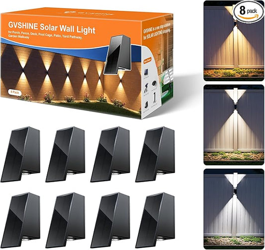 8 Pack Solar Powered Fence Lights Outdoor (Warm/Neutral/Cool White) Waterproof Up and Down Wall Mount LED Decorative Lamp for Outside Patio, House, Backyard, Porch, Deck, Garden with 3 Lighting Modes
