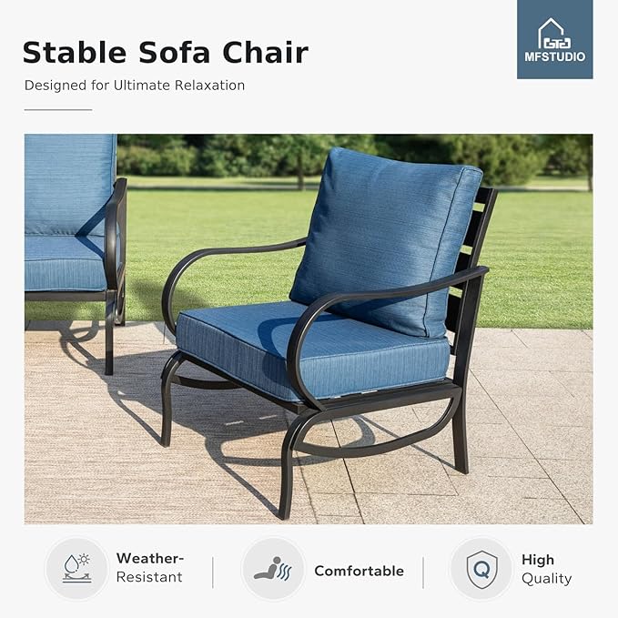 MFSTUDIO 6 Pieces Patio Furniture Sets with 45" Gas Fire Pit Table(Up to 7 Seat), Outdoor Metal Frame Patio Conversation Sofas with 1 x 3-Seat Sofa, 2 Sofa Chairs and 2 Ottoman, Peacock Blue Cushion