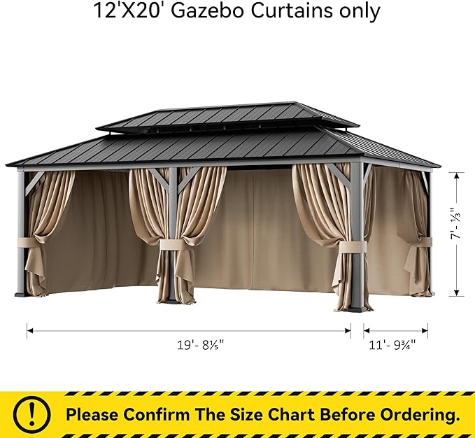 Gazebo Curtain Replacement Universal 6-Panel Sidewalls 12' x 20', Outdoor Gazebo Privacy Curtains with Zipper, Replacement for Outdoor, Patio Canopy, Garden and Backyard (Curtain Only)