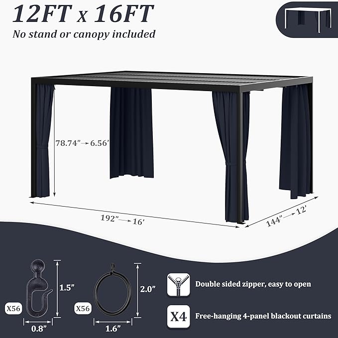 Gazebo Universal Replacement Privacy Curtain,12'×16' Gazebo Outdoor Waterproof Curtains, 4-Panels Sidewall Curtains with Double Zipper for Patio Canopy, Garden and Backyard (Curtain Only)
