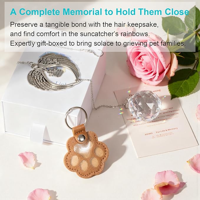 Pet Memorial Gifts for Loss of Dog or Cat, Crystal Suncatcher with Rainbow Light Effect and Angel Wing Design, Includes Fur Keepsake Keychain, Sympathy Gift Set for Remembrance & Bereavement