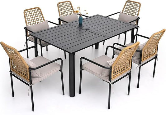 7-Piece Patio Dining Set, 6 Wicker Stacker Rattan Chairs with Gray Cushions ＆ 63'' Rectangular Table All Weahter Frame Furniture Set
