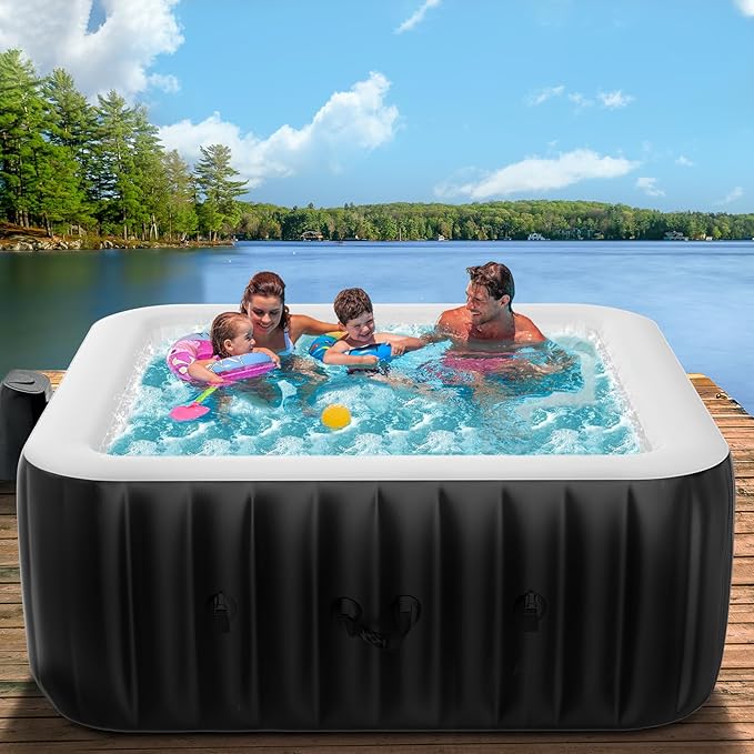 4-6 Person Square Inflatable Hot Tub, Blow Up Portable Hot Tub, Leak-Proof PVC Outdoor Spa with 130 Strong Air Jets, Heater Pump and Insulated Cover