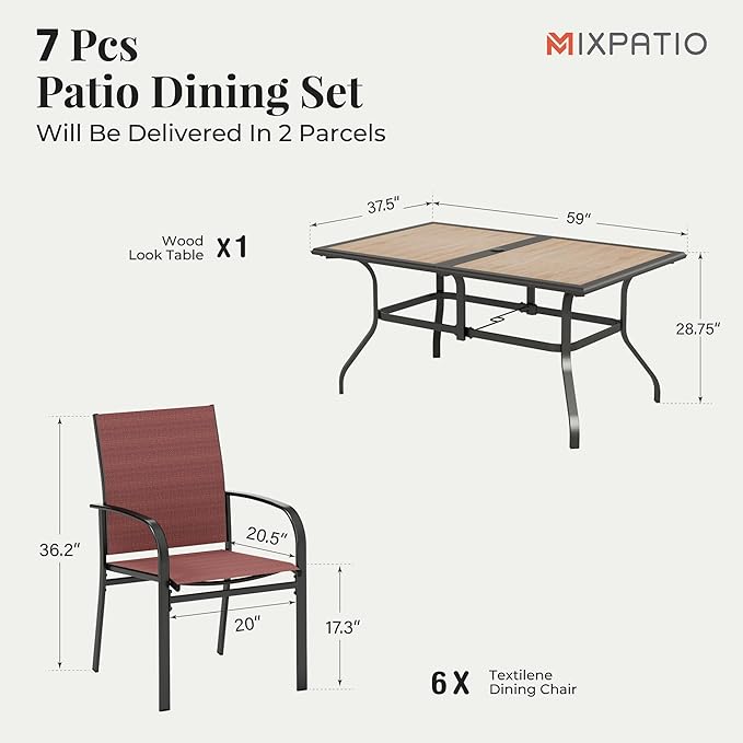 7 Pieces Patio Table and Chairs Set, Outdoor Dining Furniture Set for 6, 6 Red Textilene Chairs and 61" Wood-Like Table Top with Umbrella Hole, for Deck Backyard Lawn