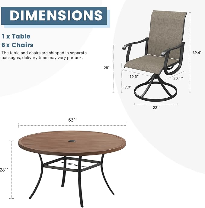 DIFY 7 Pieces Outdoor Patio Dining Set, 6 Brown Textilene Swivel Dining Chairs and 53" Walnut Round Metal Dining Table, Outdoor Table and Chairs