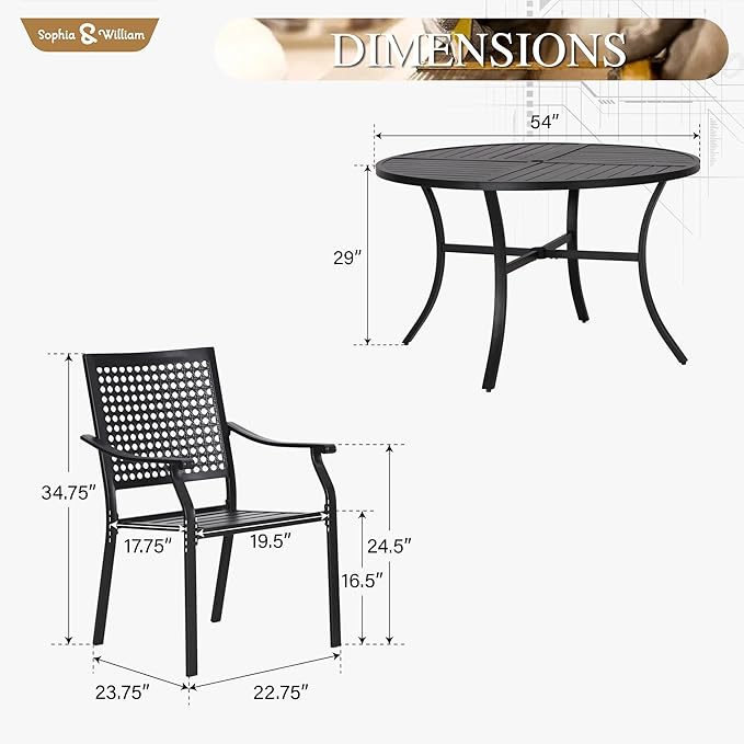 Sophia & William Round Patio Table and Chairs Set, Outdoor Dining Set for 6, 7 Piece Metal Patio Furniture, 54" Black Table(Beehive)