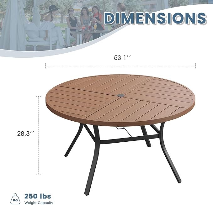 DIFY 53.1" Round Outdoor Patio Dining Table for 6-8, All-Weather Metal Steel Slatted Patio Table with 1.57" Adjustable Umbrella Hole, for Lawn Garden Porch Backyard, Walnut