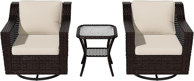 Vista Vibe 3 Pieces Outdoor Patio Conversation Furniture Set - 360 Degree Swivel Glider Rocker Chairs | Wicker End Table, Washable Cushions, Hand-Woven PE Rattan, Lawn, Sunroom (Brown/Beige)