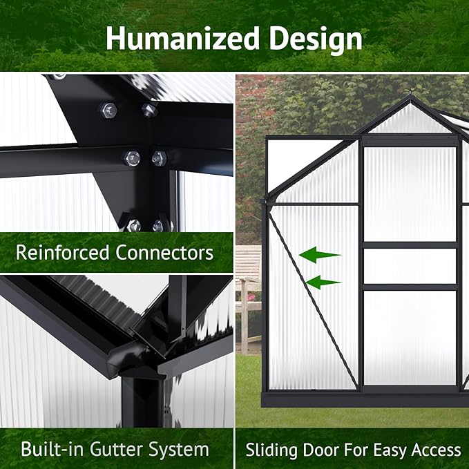 12x6ft Polycarbonate Greenhouse, Heavy Duty Walk-in Aluminum Greenhouse for Outdoors, Garden, Backyard, with Ventilation Window, Rain Gutter, Sliding Door