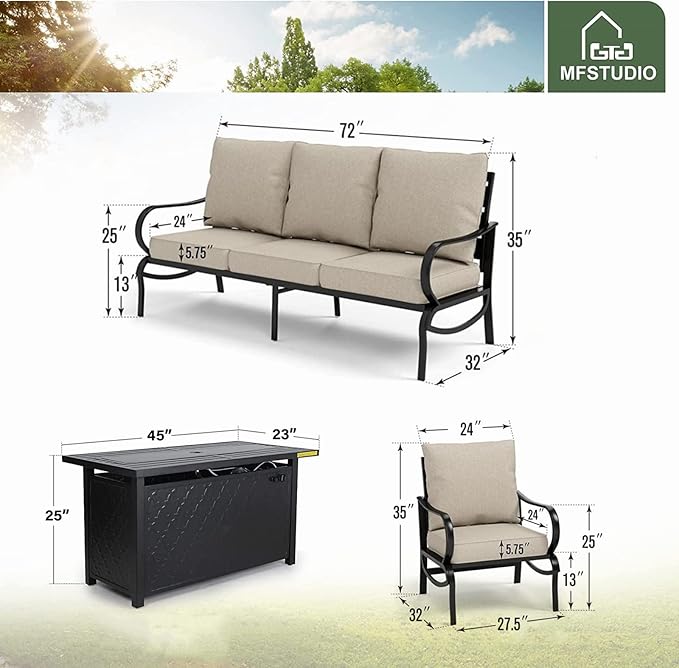 MFSTUDIO 4 Pieces Patio Conversation Sets, All Weather Metal Frame Outdoor Furniture Set Patio Sofas with 1 x 45 Rectangular Propane Fire Table, 1 x 3-Seat Sofa, 2 x Sofa Chairs, Beige Cushion