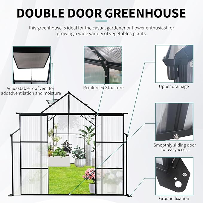 Favfurish 8X8 FT Greenhouses for Outdoors,Polycarbonate Greenhouse, Aluminum Heavy Duty Walk-in Green Houses, Adjustable Roof, Raised Base and Double Sliding Door for Outside Backyard, Black