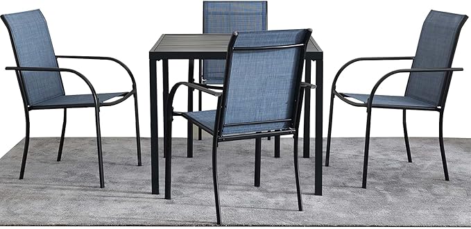 5 Pieces Round Dining Table Set for 4, Patio Dining Set Includes 4 Blue Stackable Patio Chairs and 1 Black Square Table, Patio Furniture Sets with Sling Support for Outside, Garden