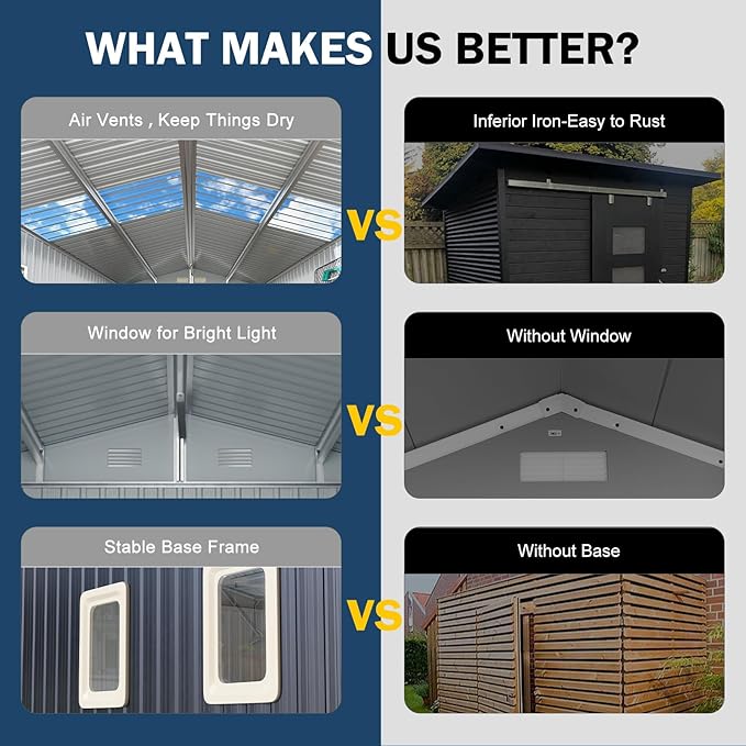 Metal Storage Shed 10x10 FT Large Outdoor Tools House with Unique Clear Roof Skyview Windows Air Vents Door for Garden Patio Lawn Backyard to Store Bikes,Lawnmower,Garage,Dark Grey