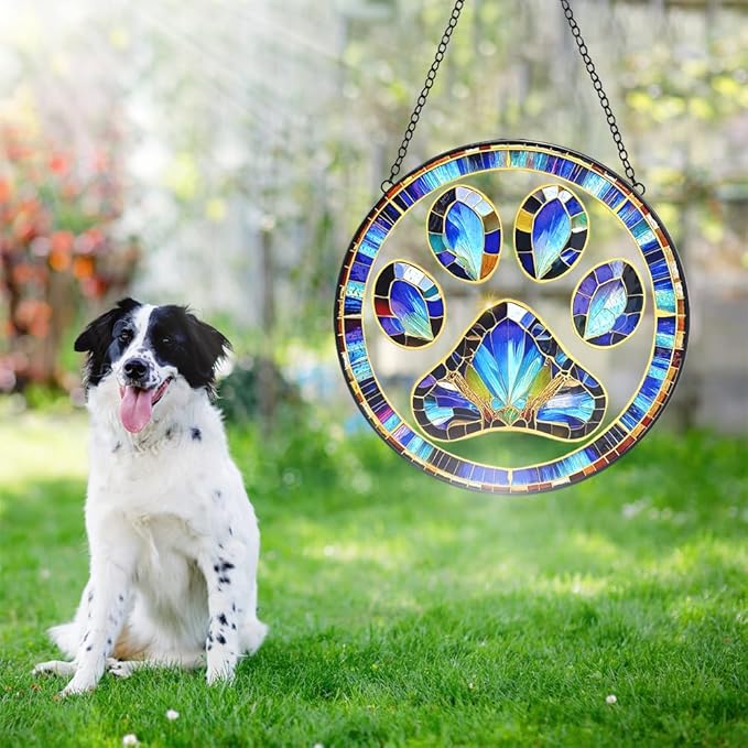 Dog Cat Paw Print Suncatcher Stained Glass Window Hanging - Handmade Stained Glass Panel Suncatchers for Windows Hanging - Sun Catchers Indoor Window Decor Memorial Catcher Remembrance Birthday Gift