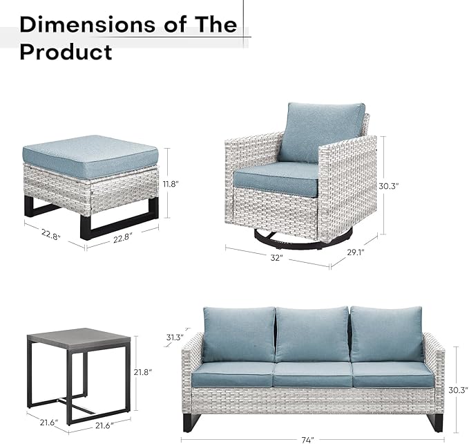 Wicker Patio Furniture Set, 6 PCS Outdoor Patio Furniture Set with Swivel Chairs, Includes 2 Swivel Patio Chairs, 1 Outdoor Couch, 1Side Table and 2 Ottoman, Light Beige/Light Blue