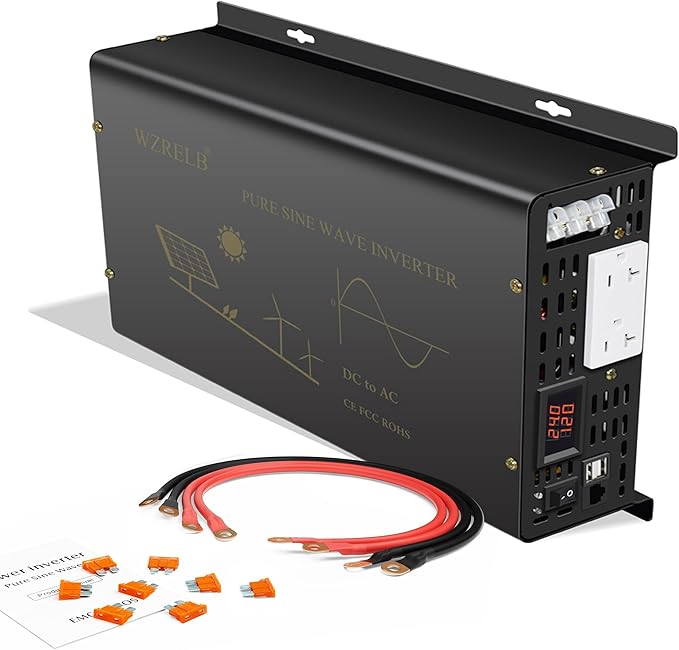 3000Watt Pure Sine Wave Power Inverter 24VDC to 120VAC 6000W Peak Built-in Soft Starter Dual AC Outlets 2× 2.4A USB Port &Hardwire Terminal Off-Grid Solar Converter RV Trucks (U5-300024)