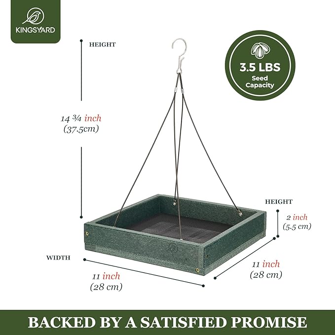 Kingsyard Platform Mealworm Bird Feeder for Outside, Recycled Plastic Hanging Tray Bird Feeders with Large Capacity 3.5 lbs, Premium Quality & Durable, Great for Attracting Wild Birds, Green