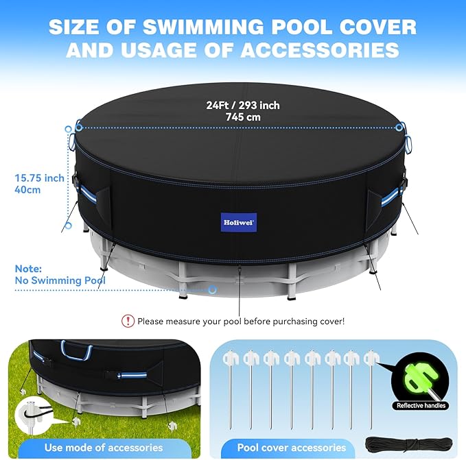 24 Ft Round Pool Cover with Reflective Strips, 420D Swimming Pool Cover for Above Ground Pools, Solar Cover with Drawstring and Ground Nails for Dustproof, UV Protected
