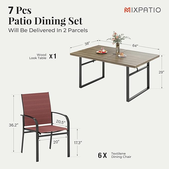 7-Piece Outdoor Dining Set 6 Red Textilene Chairs and Steel Tabletop with Wood Grain Rectangle Table for Deck Garden Backyard Lawn Poolside