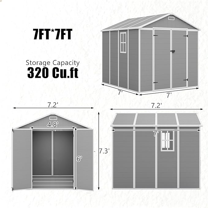 Outdoor Shed 5x3/6x4/7x7/8x6/8x10/8x12 FT, 15MM Thick PP Resin Plastic Shed with Lockable Door & Floor - Waterproof Plastic Tool Shed for Bike, Garbage Can, Backyard, Patio ﻿ ﻿ (Grey, 7x7FT)