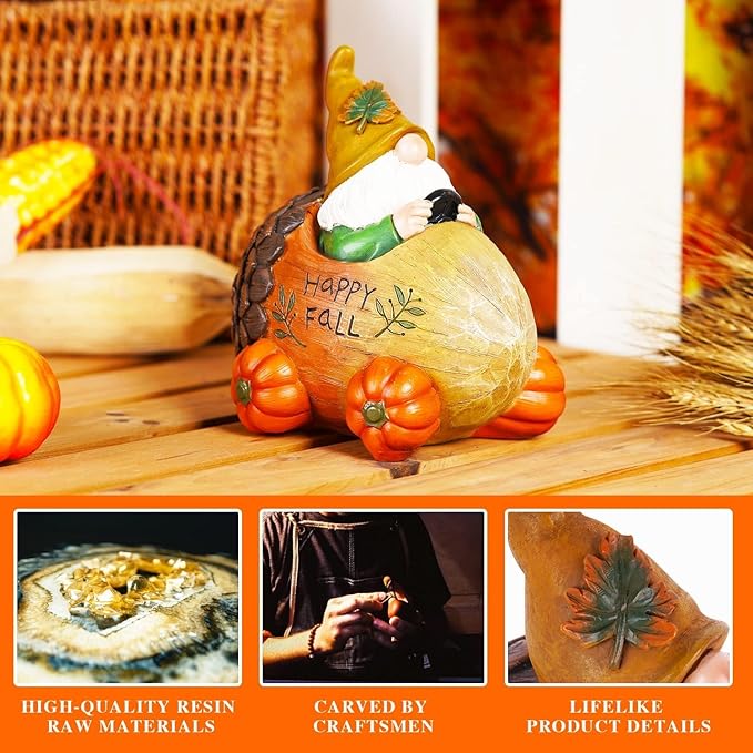 Topadorn Fall gnome with Pinecone Car and Resin Pumpkin Statue for Fall Harvest Party Ornaments Decor,Happy Fall