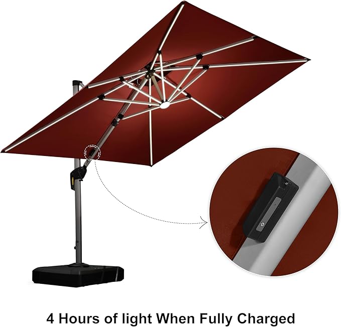 PURPLE LEAF 9 Feet Solar Powered LED Square Cantilever Umbrella With Base Patio Umbrellas Windproof Hanging Umbrella Outdoor Offset Umbrellas, Brick Red