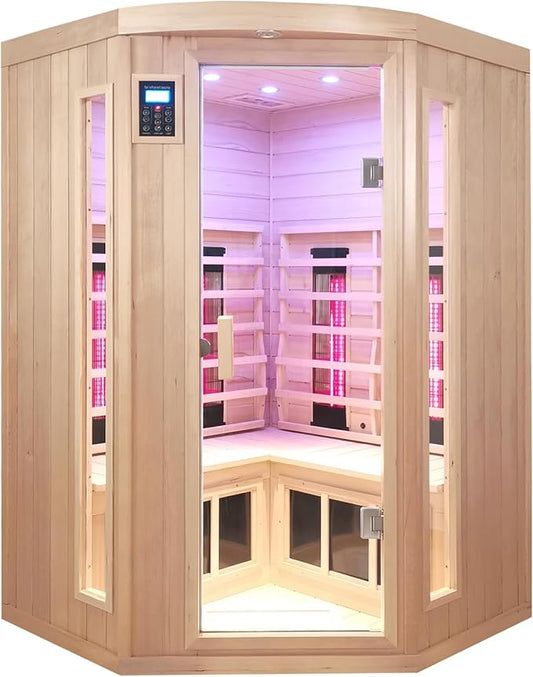 Ceramic Infrared Sauna, 2-3 Person Home Sauna, Canadian Hemlock Indoor Corner Sauna Spa, Wooden Sauna Room, 5 Low EMF Heaters + 4 Ceramic Tubes, Bluetooth Speakers, Chromotherapy Lights