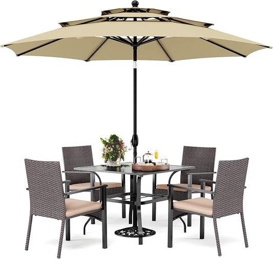 PHI VILLA 5 Pieces Outdoor Dining Set with Umbrella for 4, 37" Square Metal Dining Table & 4 Cushioned Wicker Rattan Chairs with 10ft Beige Umbrella for Patio, Deck, Yard, Porch