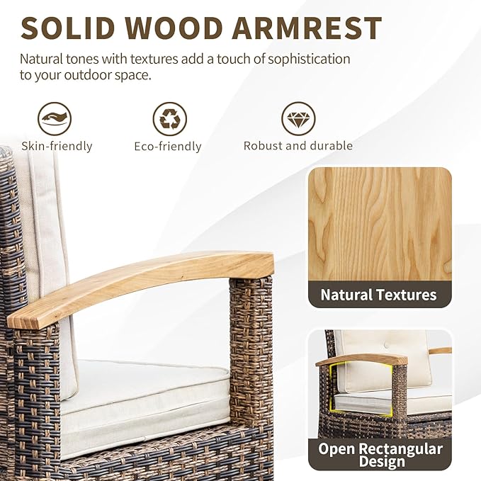 MEISSALIVVE 8 Piece Outdoor Patio Furniture Set, Half-Moon Curved Sectional Set with Wood Armrests, Patio Conversation Set, 2 Half-Moon Ottomans，Coffee & Side Tables (Brown)